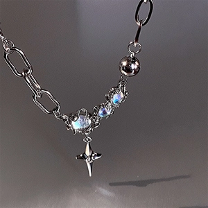 Star-shaped moonstone cross necklace with industrial metal chain for a modern look
