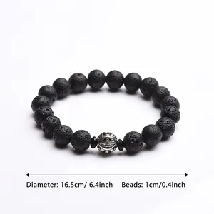 Men's volcanic stone beaded bracelet with vintage silver charm and 10mm lava beads