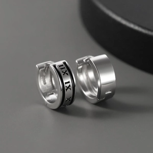Silver men's hoop earrings with Roman numeral engraving and polished finish