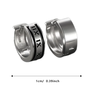 Polished silver Roman numeral huggie hoop earring for men with 1cm diameter size label