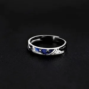 Starry galaxy open silver ring with blue enamel and star pattern for men and women