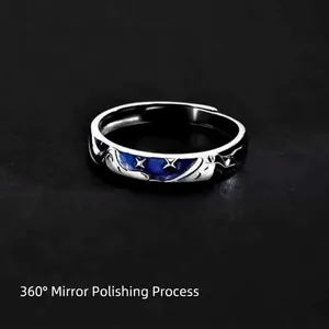 Minimalist open adjustable ring with blue enamel galaxy pattern and star motifs