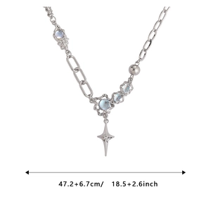 Starry moonstone cross necklace with asymmetric silver chain and sparkling star pendant