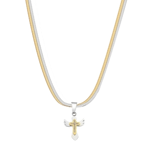 Two-tone gold and silver snake chain necklace with a crystal-encrusted angel wing cross