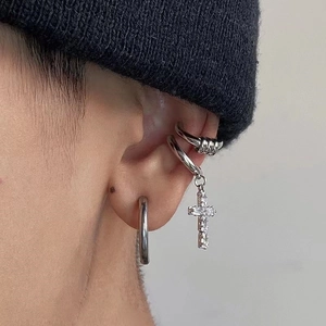 Silver Plated Cross Ear Clips For Men Women Minimalist Non-Piercing Rhinestone Huggie Earrings Edgy Fashion Jewelry