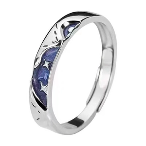 Adjustable silver star and moon ring with blue galaxy enamel inlay for men and women