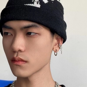 Mens silver hip hop jewelry set with cross earring, ear cuff and cuban link necklace