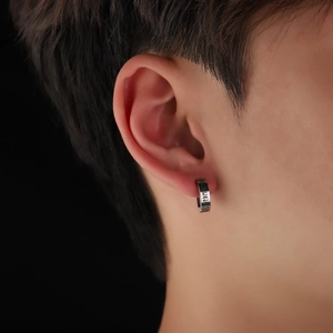 Mens silver vintage rune hoop earring in stainless steel with nordic viking engraving