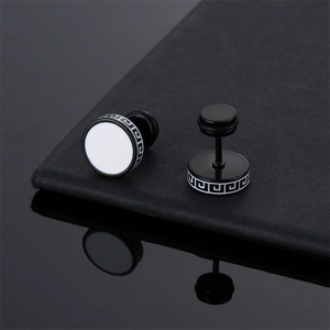 Unisex black dumbbell stud earrings with white Greek key meander pattern detail