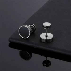Men's stainless steel dumbbell stud earrings with black Greek Key pattern and mirror reflection
