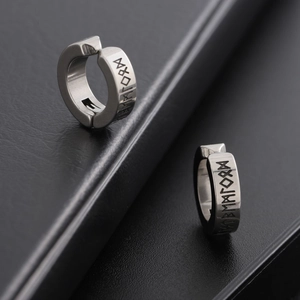 Silver runic engraved stainless steel clip-on earrings with punk vintage style