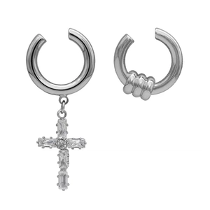 Asymmetric silver cross ear cuff set with sparkling zircon stones in a minimalist design