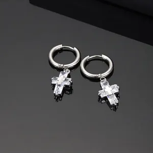 Stainless Steel Cross Hoop Earrings Unisex Punk Hip Hop Dangle Earrings Silver Color Rhinestone Inlaid Geometric Religious Ear Jewelry