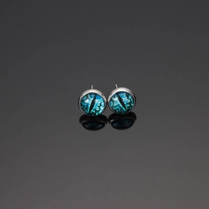 Cyberpunk evil eye stud earrings with blue dragon iris and polished steel base