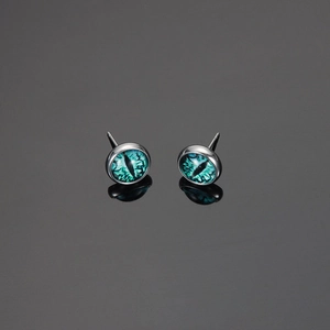 Cyberpunk evil eye stud earrings with green glass pupil and polished titanium steel base