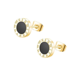 Minimalist Roman numeral stud earrings in 18k gold finish with black circular inlay