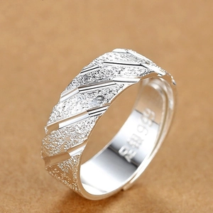 Minimalistischer Kupfer Versilberter Verstellbarer Offener Ring Für Damen Herren Mattierter Geometrischer Streifen Fingerring