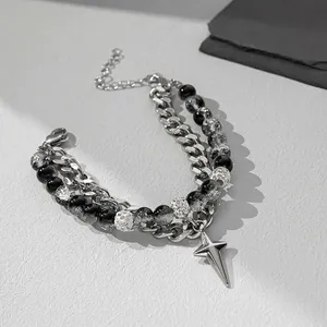Titanium Steel Starburst Pendant Bracelet Double Layer Cuban Chain Ice Crack Beads Rhinestone Punk Trendy Unisex Jewelry