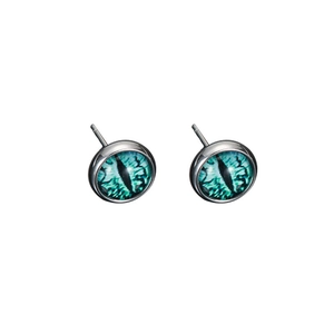 Cyberpunk green evil eye stud earrings in silver stainless steel finish for men and women