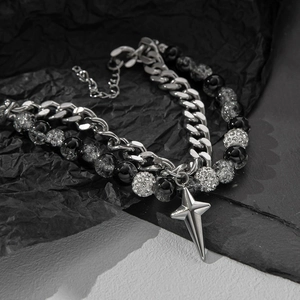 Star charm titanium steel Cuban link bracelet with ice-crack beads and black crystals