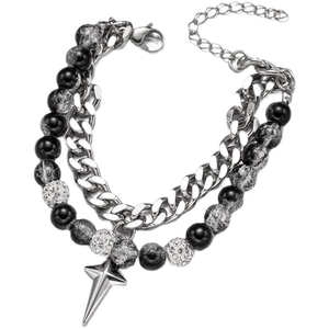 Star charm multi-layer cuban chain and beaded bracelet with black cracked texture beads