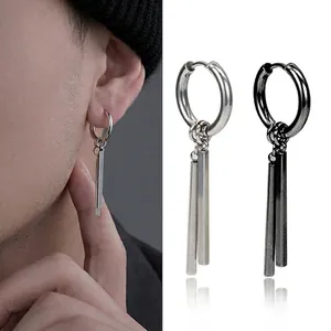 Minimalist Titanium Steel Double Stick Dangle Earrings For Men Women Geometric Rectangular Bar Hoop Earrings Clip-on Jewelry