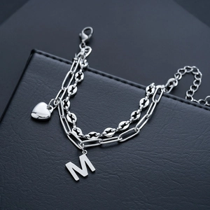 Silver double-layered stainless steel bracelet with heart and M letter pendants