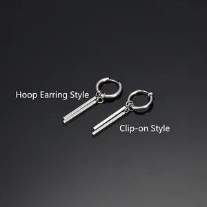 Minimalist stainless steel rectangular double bar earrings in hoop and clip-on styles