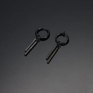Minimalist black stainless steel double bar drop earrings with matte finish design