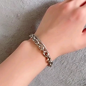 Modern silver double-layer stainless steel Cuban chain bracelet with OT clasp for men
