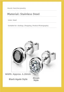 Detailansicht der 6,28 mm Edelstahlohrringe mit schwarzem Achat und Zirkon Einlagen
