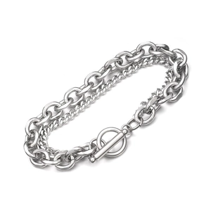 Silver double layer stainless steel chain bracelet with OT toggle clasp for men and women