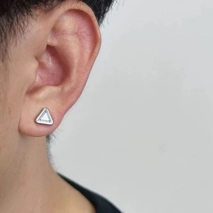 Minimalist silver triangle clip earrings for men in premium stainless steel geometric style