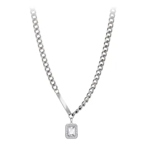 Minimalist Titanium Steel Rhinestone Necklace For Men Women Geometric Rectangular Pendant Cuban Link Chain Fashion Jewelry