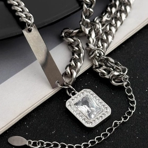 Mens zircon pendant necklace with thick Cuban chain and rectangular tag in silver steel