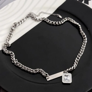 Polished cuban chain necklace with rectangular zircon pendant and lobster clasp