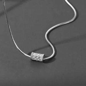 Minimalist silver snake chain necklace with woven textured cylinder pendant for men