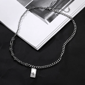 Minimalist silver titanium steel necklace with geometric pendant and asymmetric chain