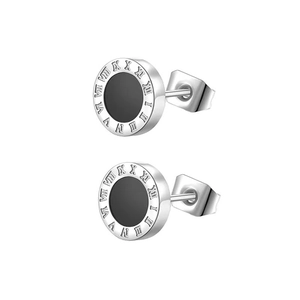 Silver stainless steel stud earrings with black inlay and Roman numeral engravings