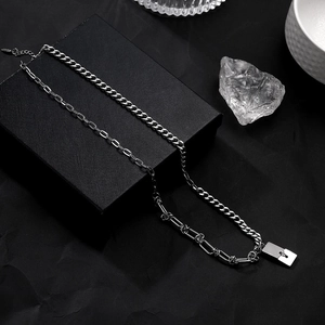 Asymmetric silver titanium steel chain necklace with minimalist padlock pendant for men