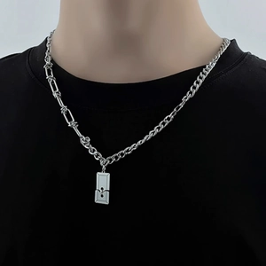 Titanium Steel Asymmetric Chain Necklace Minimalist Geometric Rectangle Pendant Necklace Industrial Style Unisex Jewelry