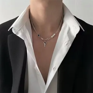 Men's star pendant necklace with pearls and black accents on a stylish silver chain