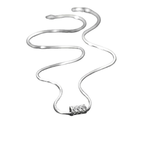 Minimalist silver snake chain necklace with a woven texture cylinder metal pendant