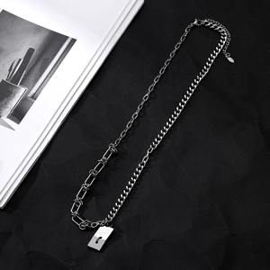 Minimalist silver titanium steel necklace featuring paperclip chain and rectangular pendant