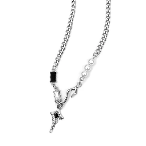 Silver star pendant necklace with black zircon and pearls for hip-hop style fashion