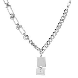 Titanium steel necklace with asymmetric chain design and rectangular pendant in silver