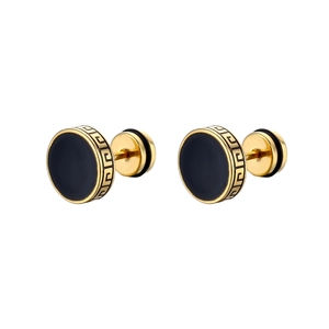 Golden dumbbell stud earrings with black disc and Greek key pattern engraving