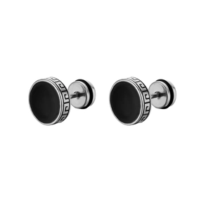 Silver dumbbell stud earrings with black center inlay and Greek meander engraving
