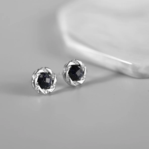 Blue sandstone stud earrings with silver twisted rope frame and zircon accents