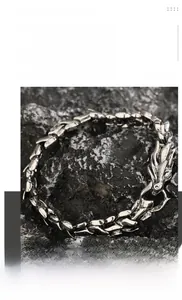 Detail of titanium steel dragon scale bracelet with dragon head clasp on dark rock